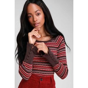 Free People Donna Striped Ribbed Bell Sleeve Button Cuff Top‎ Red Brown Small